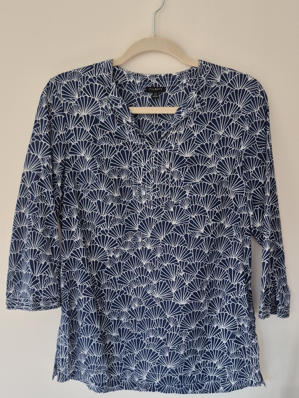 Talbots Navy and White Shell-Print Split-Neck Tunic